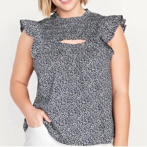 Old Navy Floral Flutter Sleeve High Neck Cutout Top Navy and White Size: Large